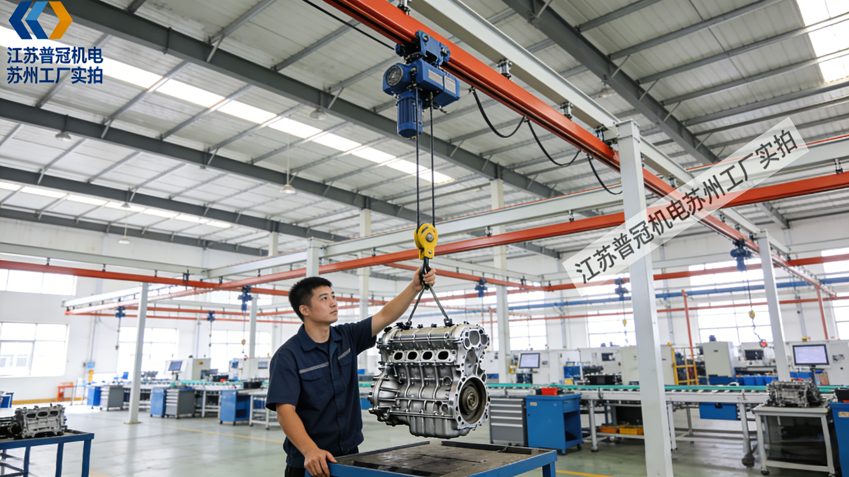 江苏普冠机电KBK起重机在汽车制造车间安装实景，铝合金轨道悬挂于屋顶，零地面占用，工人手动操作电动葫芦搬运精密部件.jpeg