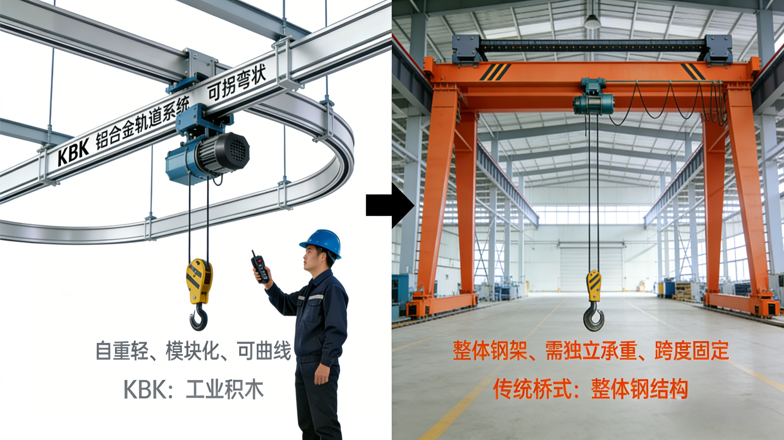 KBK起重机与传统桥式起重机结构对比示意图，左侧为模块化KBK悬挂式铝合金轨道系统，可组合成曲线布局；右侧为传统LD型电动单梁桥式起重机整体钢结构，需独立轨道支撑.jpeg