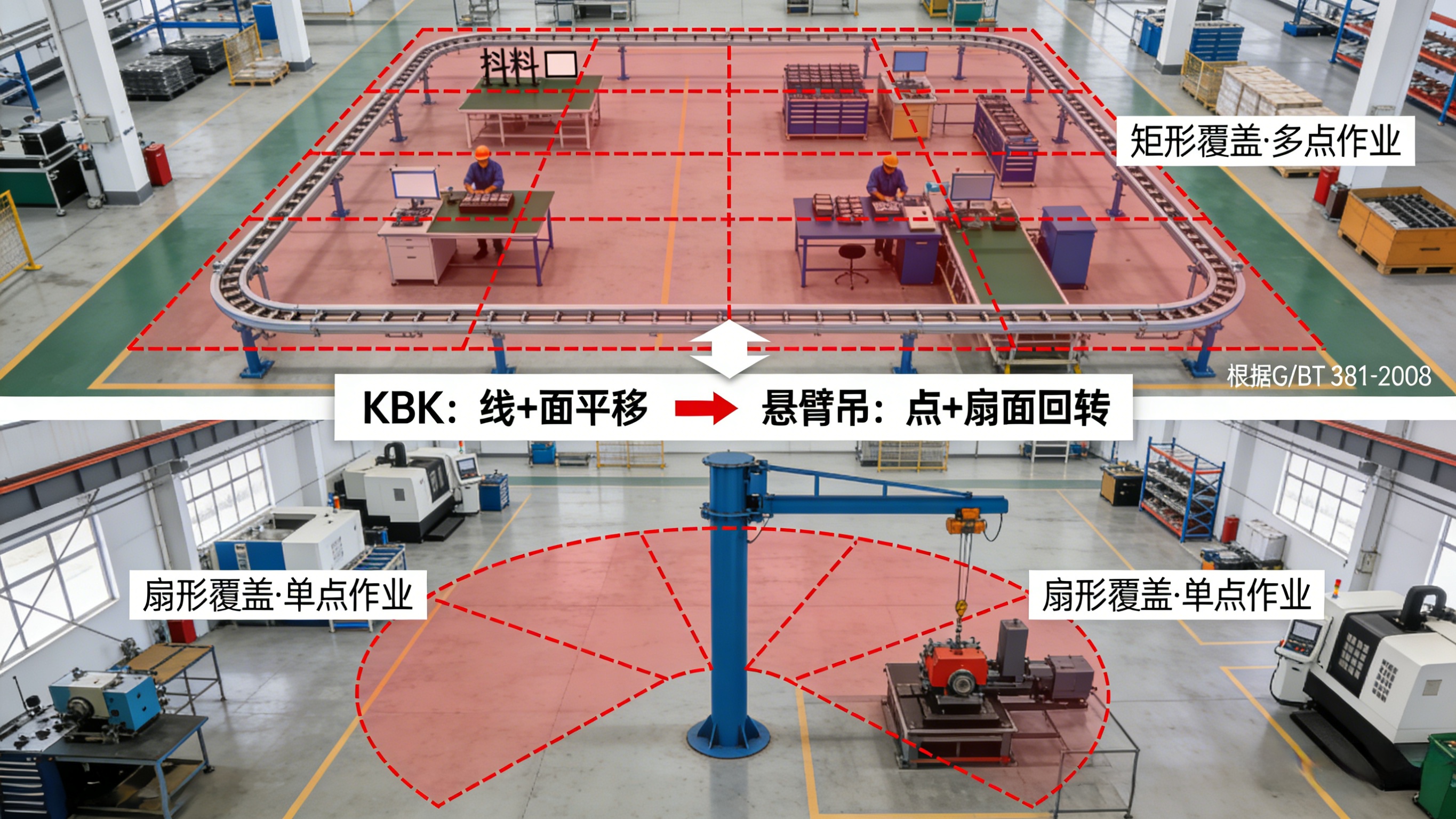KBK与悬臂吊覆盖范围对比示意图 KBK矩形覆盖多点作业 VS 悬臂吊扇形覆盖单点作业 工位选型参考