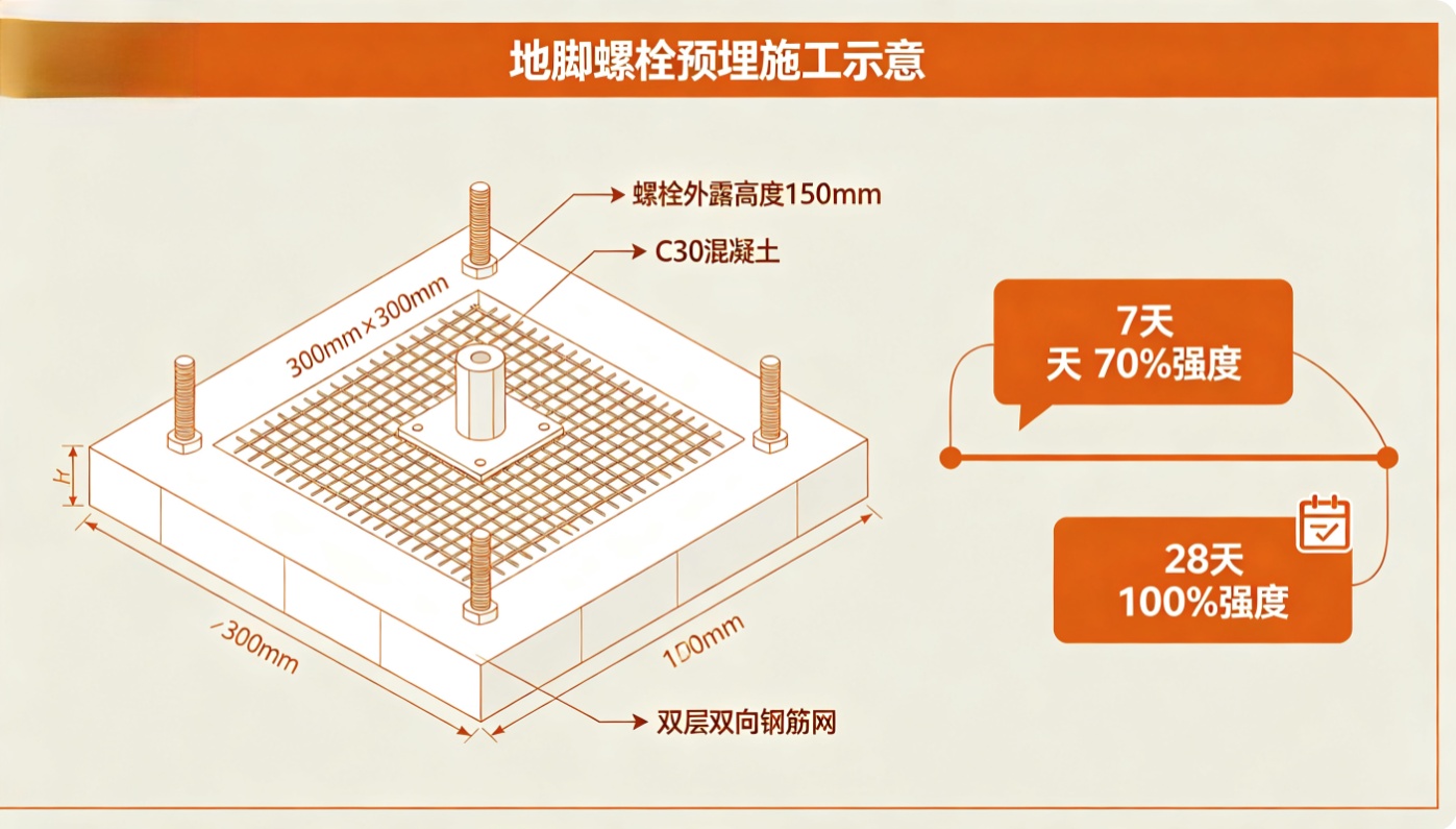 悬臂吊地脚螺栓预埋定位及养护示意图